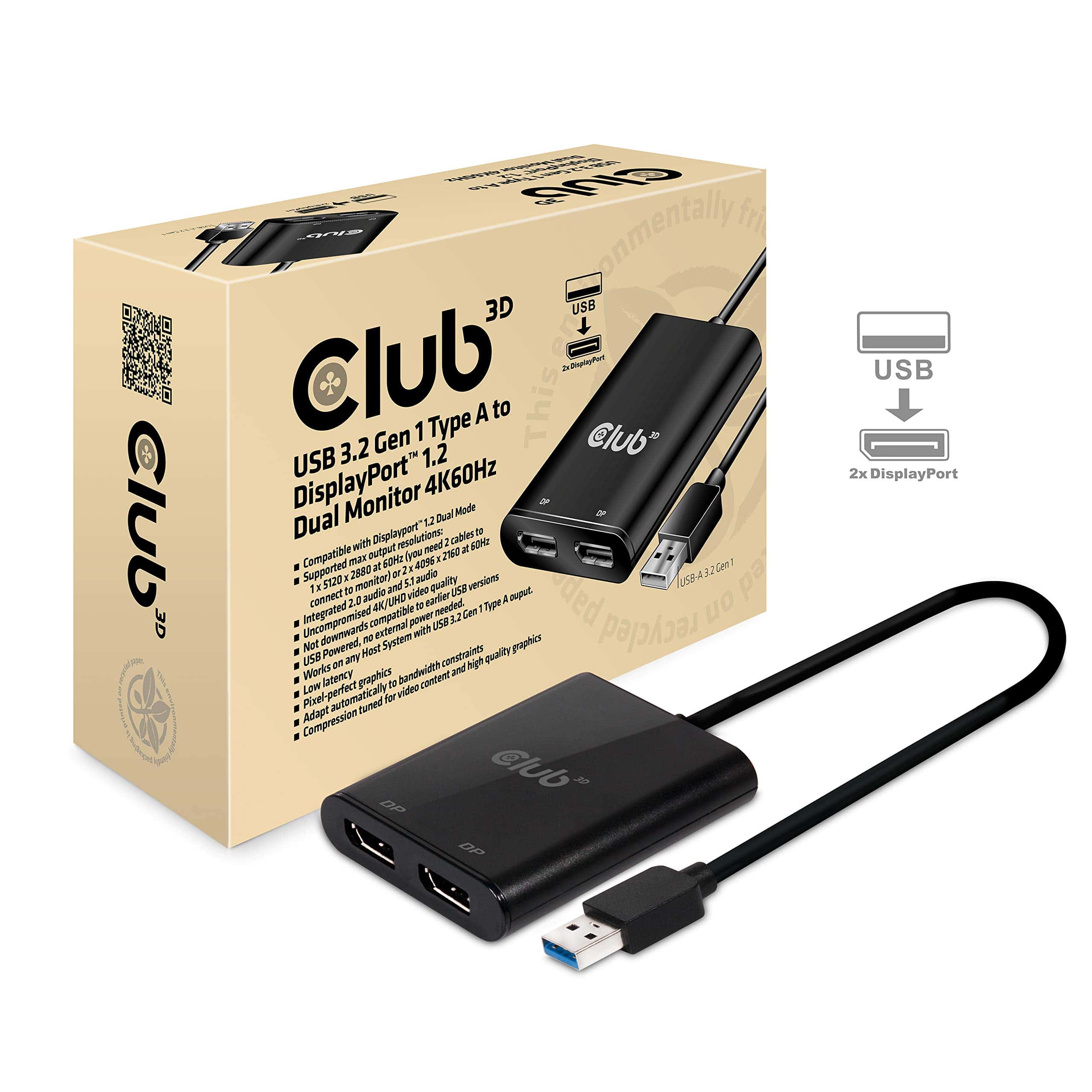 Club 3D USB to Display Port 1.2 Dual Monitor 4K60Hz (CSV-1477) thumbnail