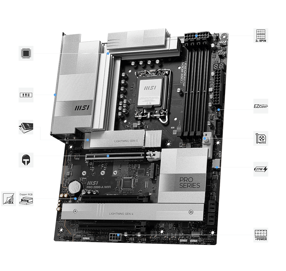 MSI Pro Z890-A Wi-Fi Motherboard Intel LGA 1851 ATX (911-7E32-004) thumbnail