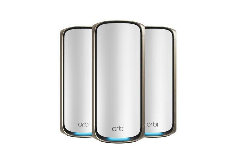 NETGEAR Orbi 970 Series Quad-Band WiFi 7, 3-Pack Quad-band (2.4 GHz / 5 GHz-1 / 5 GHz-2 / 6 GHz) Wi-Fi 6 (802.11ax) Grijs Intern (RBE973S-100EUS) thumbnail