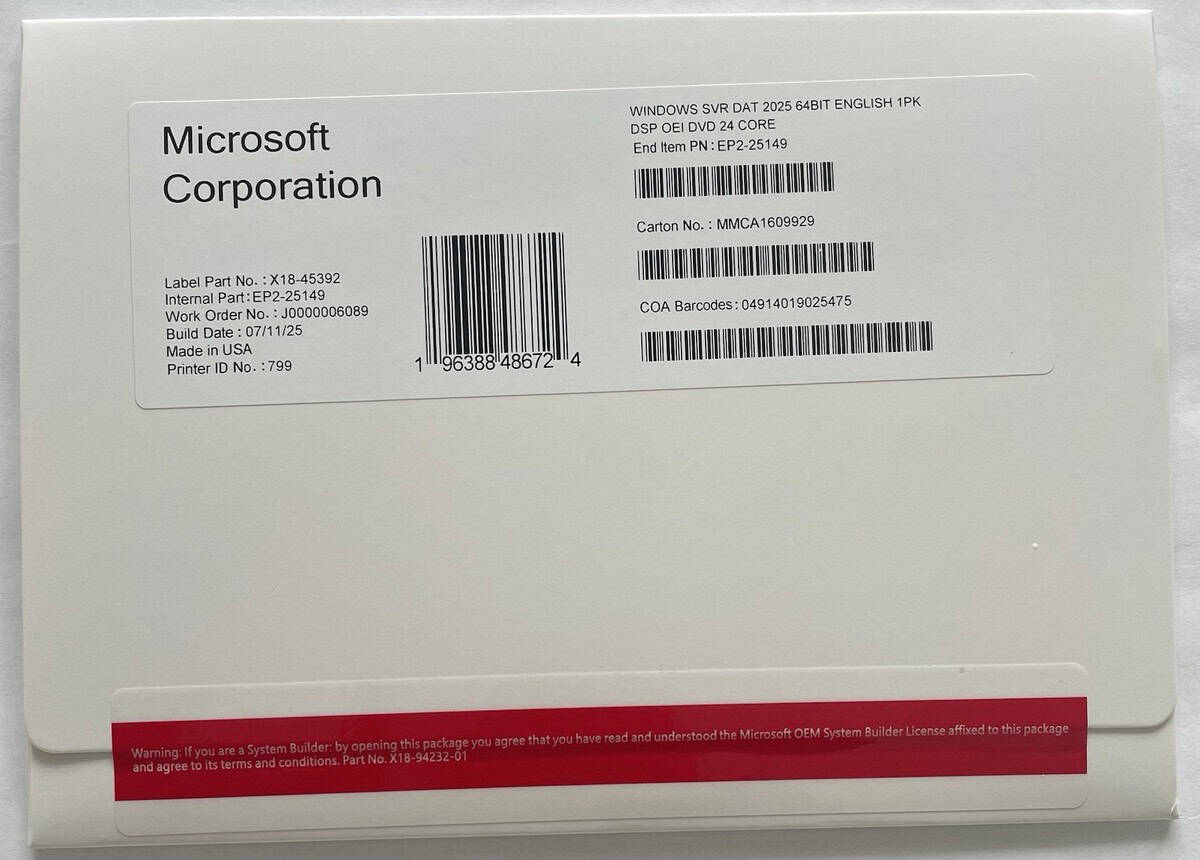 Microsoft Windows Svr Datacntr 2025 64Bit Polish 1pk DSP OEI DVD 24 Core (EP2-25174) thumbnail