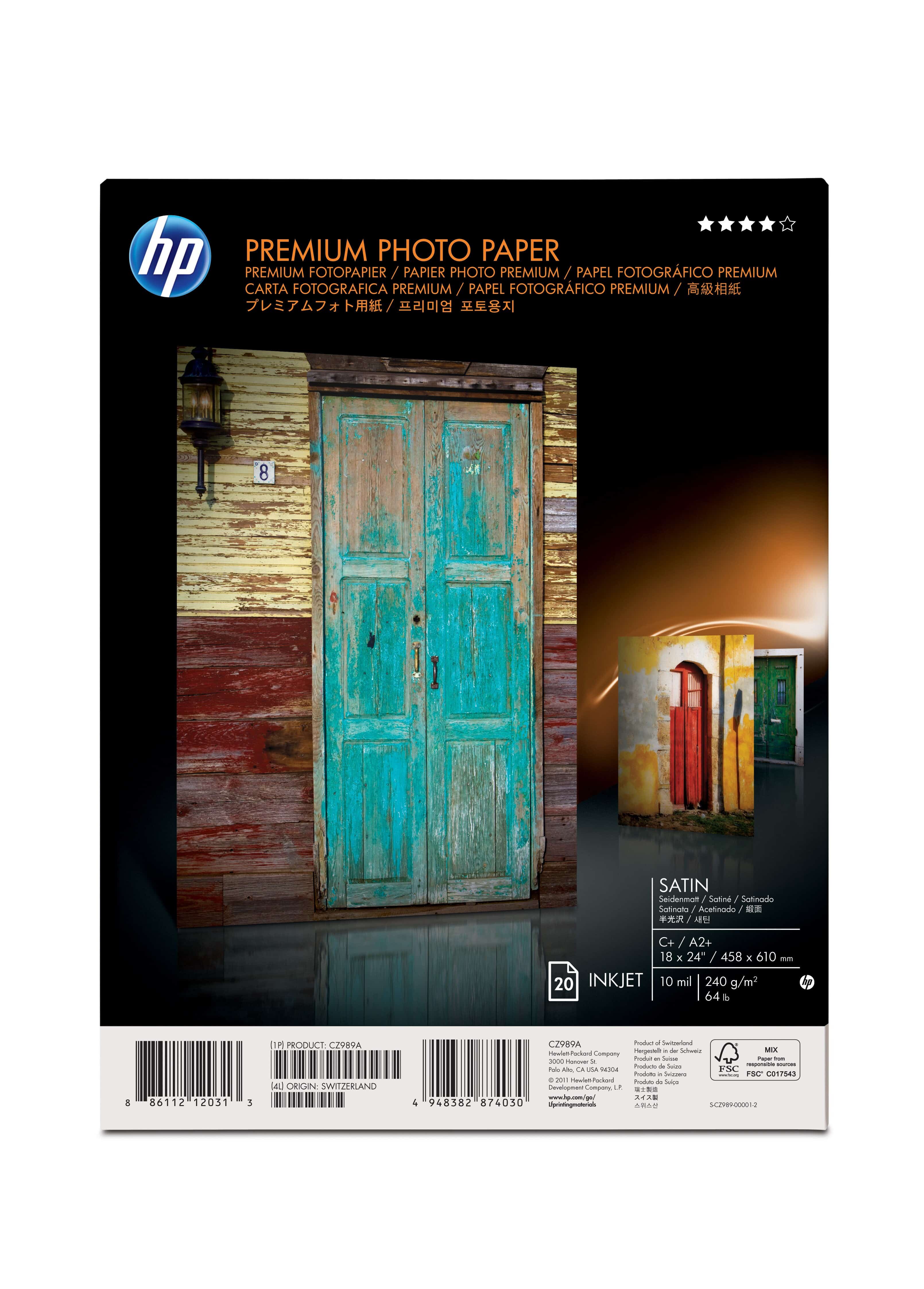 HP Premium Satin 20 sht/A2+/458 x 610 mm (18 x 24 in) pak fotopapier Wit Satijn (P1031365-053) thumbnail