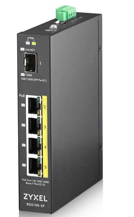 Zyxel RGS100-5P Unmanaged L2 Gigabit Ethernet (10/100/1000) Power over Ethernet (PoE) Zwart (RGS100-5P-ZZ0101F) thumbnail