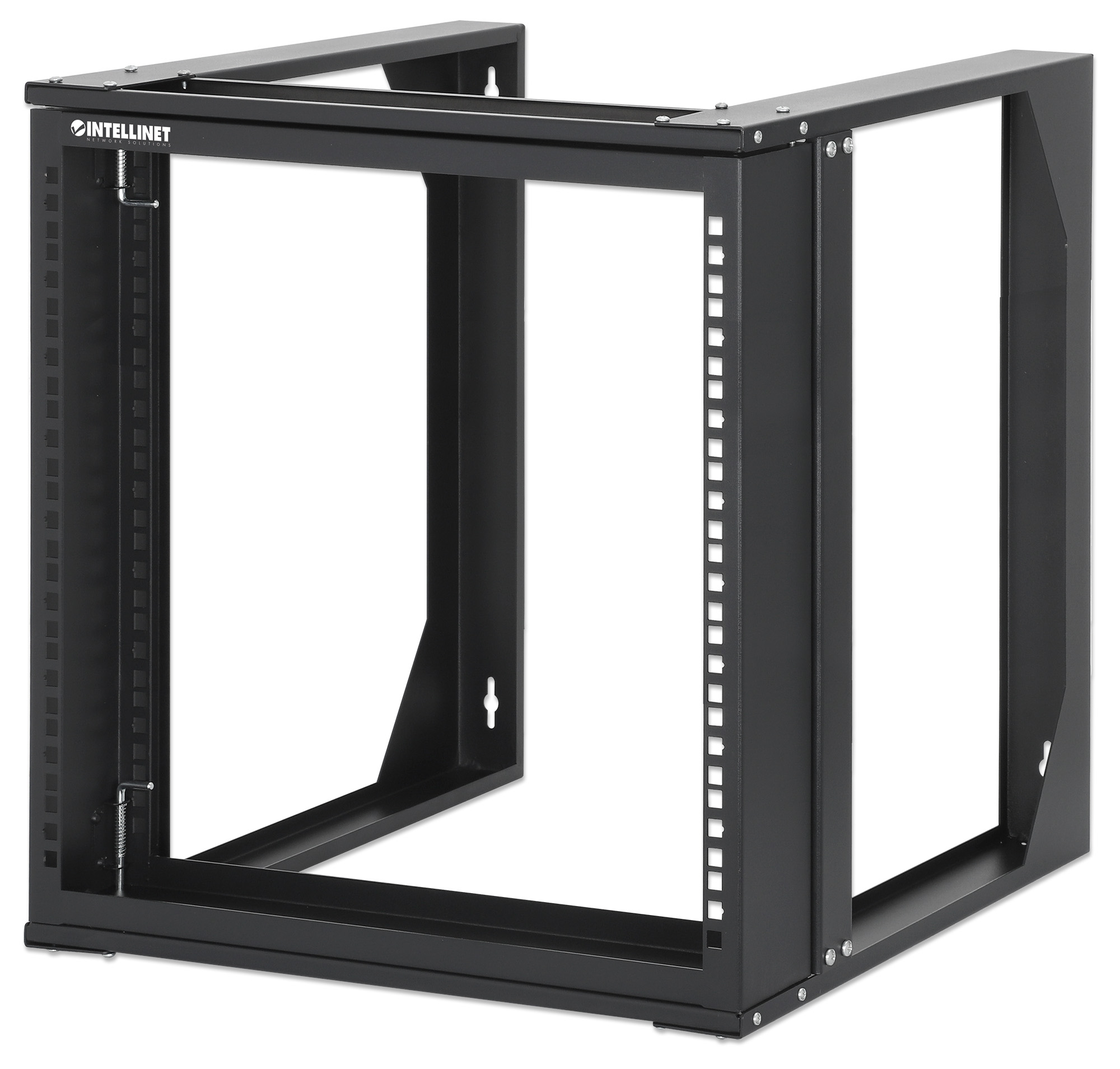 Intellinet 19" open frame rack voor wandmontage, 9U, scharnierend voorframe, 2-post uitvoering, diepte 17,7", bouwpakket, zwart RAL 9004 (716185) thumbnail