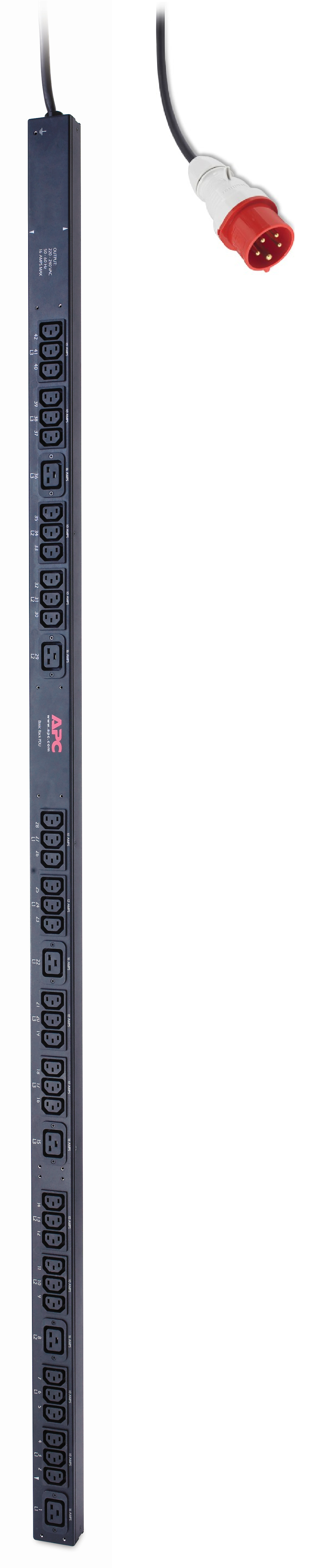 APC Rack PDU, Basic, ZeroU, 16A, 400V, (36x) C13 & (6x) C19, IEC 309 16A 3Fase stekker (AP7557) thumbnail