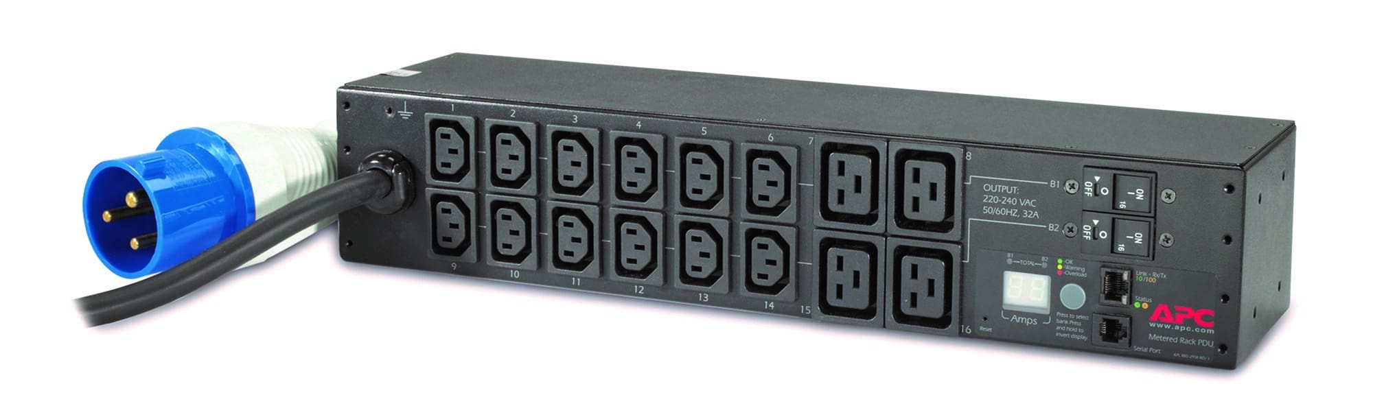 APC Rack PDU, Metered, 0U/2U, 32A, 230V, (12x) C13 & (4x) C19, IEC 309 32A stekker (AP7822B) thumbnail
