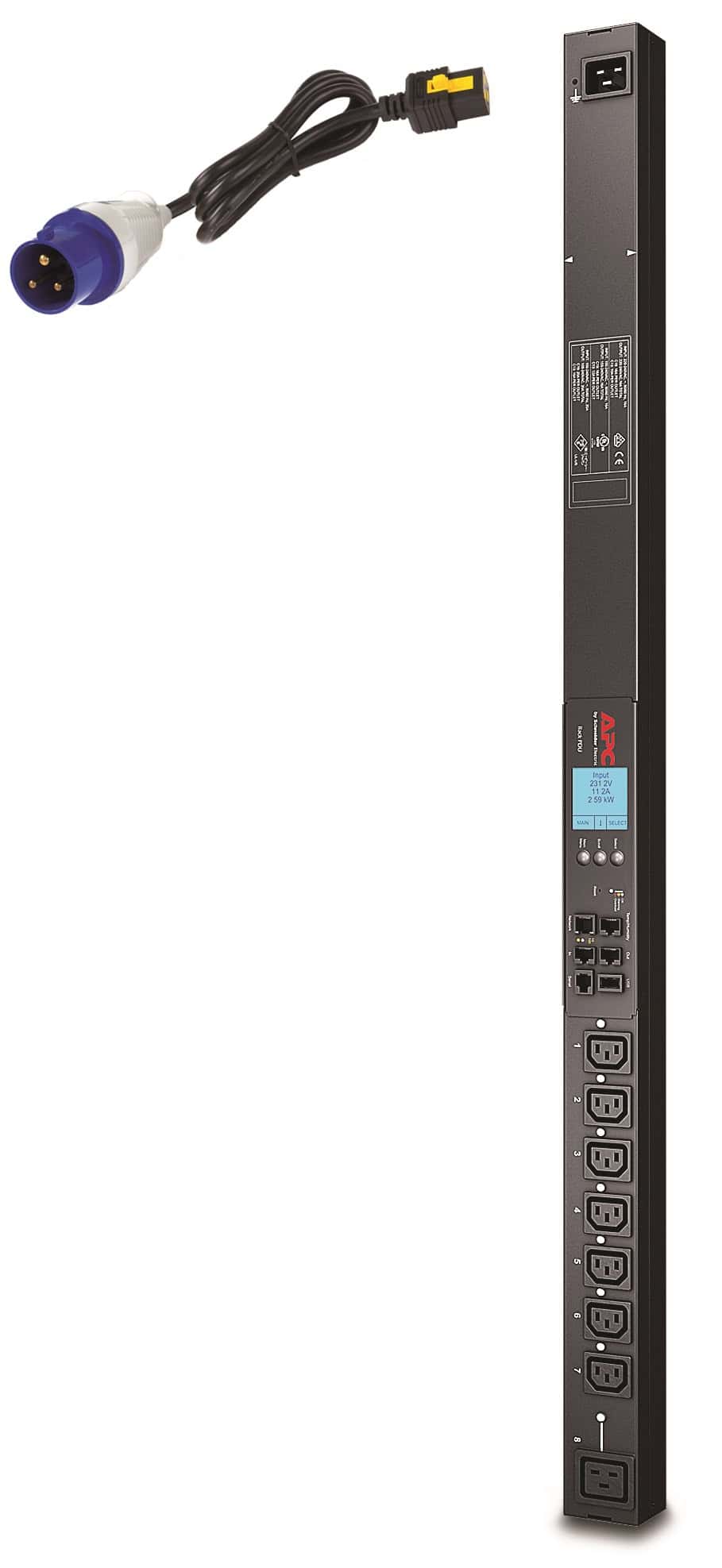 APC Rack PDU, Switched, ZeroU, 16A, 230V, (7x) C13 & (1x) C19, IEC 309 16A stekker (AP8958EU3) thumbnail
