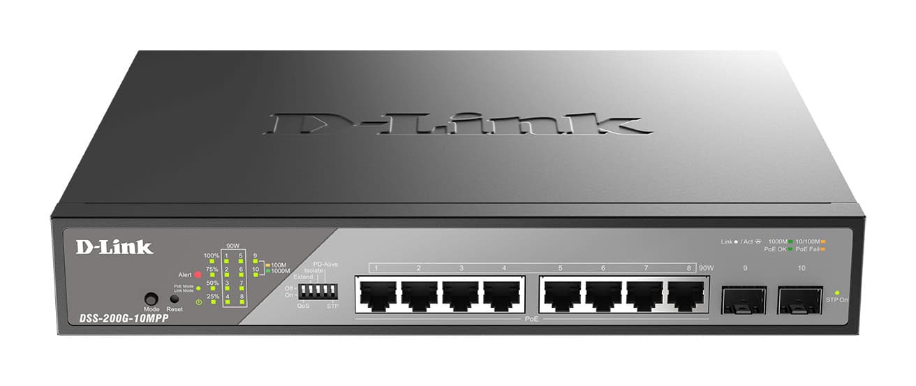 D-Link DSS-200G-10MPP netwerk-switch Managed L2 Gigabit Ethernet (10/100/1000) Power over Ethernet (PoE) 1U Zwart, Grijs (DSS-200G-10MPP/E) thumbnail