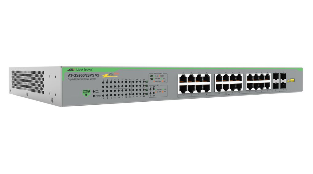 Allied Telesis AT-GS950/28PSV2-50 netwerk-switch Unmanaged Gigabit Ethernet (10/100/1000) Power over Ethernet (PoE) Grijs (AT-GS950/28PSV2-50) thumbnail Allied Telesis AT-GS950/28PSV2-50 netwerk-switch Unmanaged Gigabit Ethernet (10/100/1000) Power over Ethernet (PoE) Grijs (AT-GS950/28PSV2-50) thumbnail