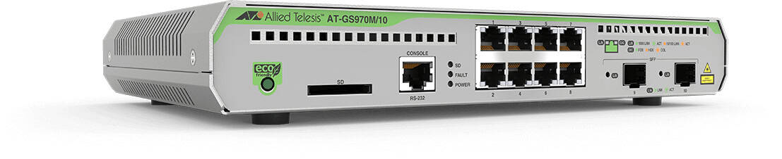 Allied Telesis AT-GS970M/10PS-50 Managed L3 Gigabit Ethernet (10/100/1000) Power over Ethernet (PoE) 1U Zwart, Grijs (AT-GS970M/10PS-50) thumbnail