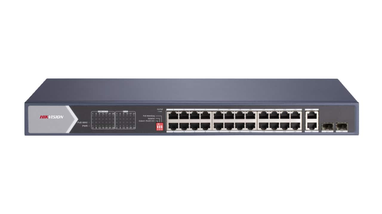 Hikvision DS-3E0528HP-E netwerk-switch Unmanaged Gigabit Ethernet (10/100/1000) Power over Ethernet (PoE) Blauw (301801519) thumbnail