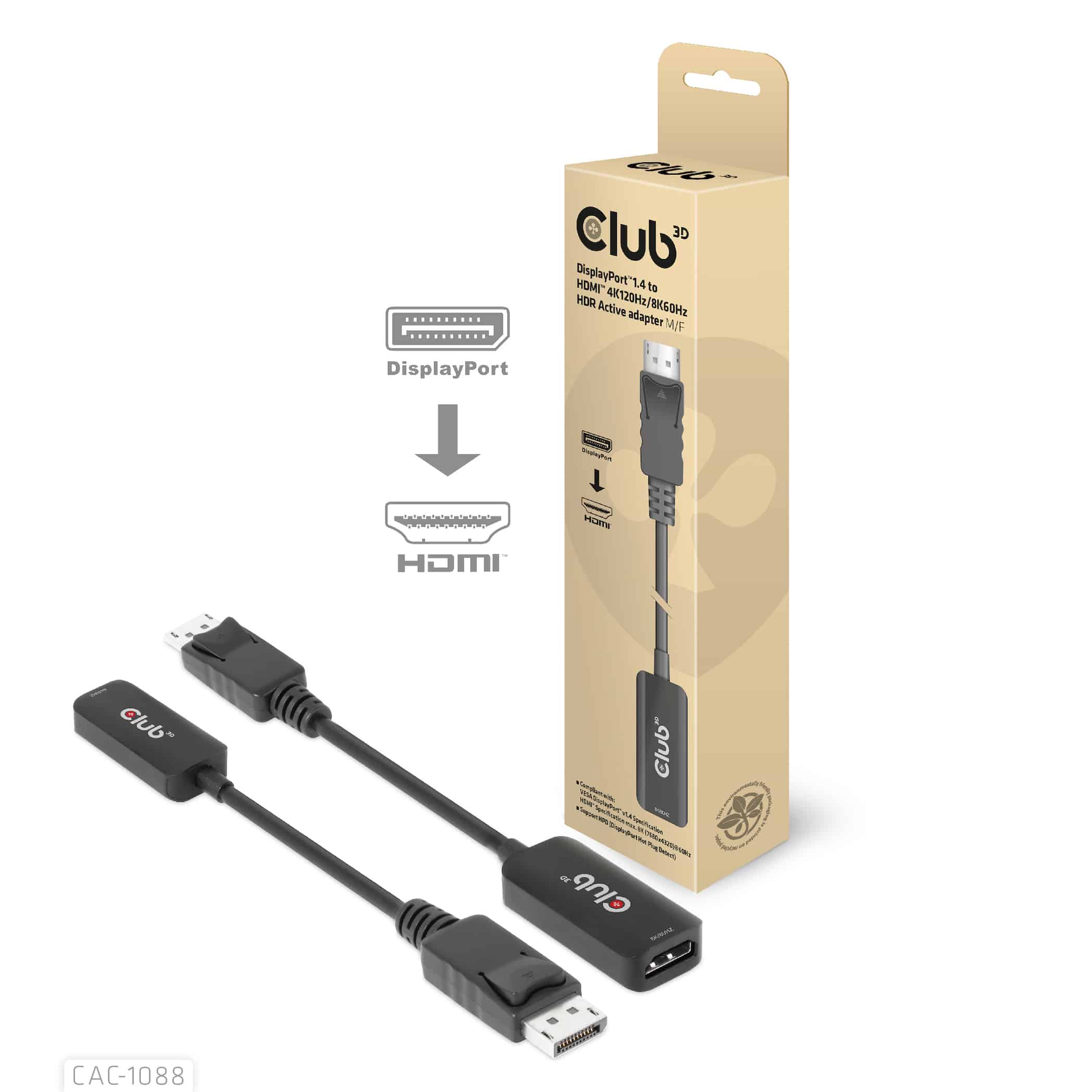 CLUB3D DisplayPort1.4 to HDMI 4K120Hz/8K60Hz HDR Active adapter M/F (CAC-1088) thumbnail