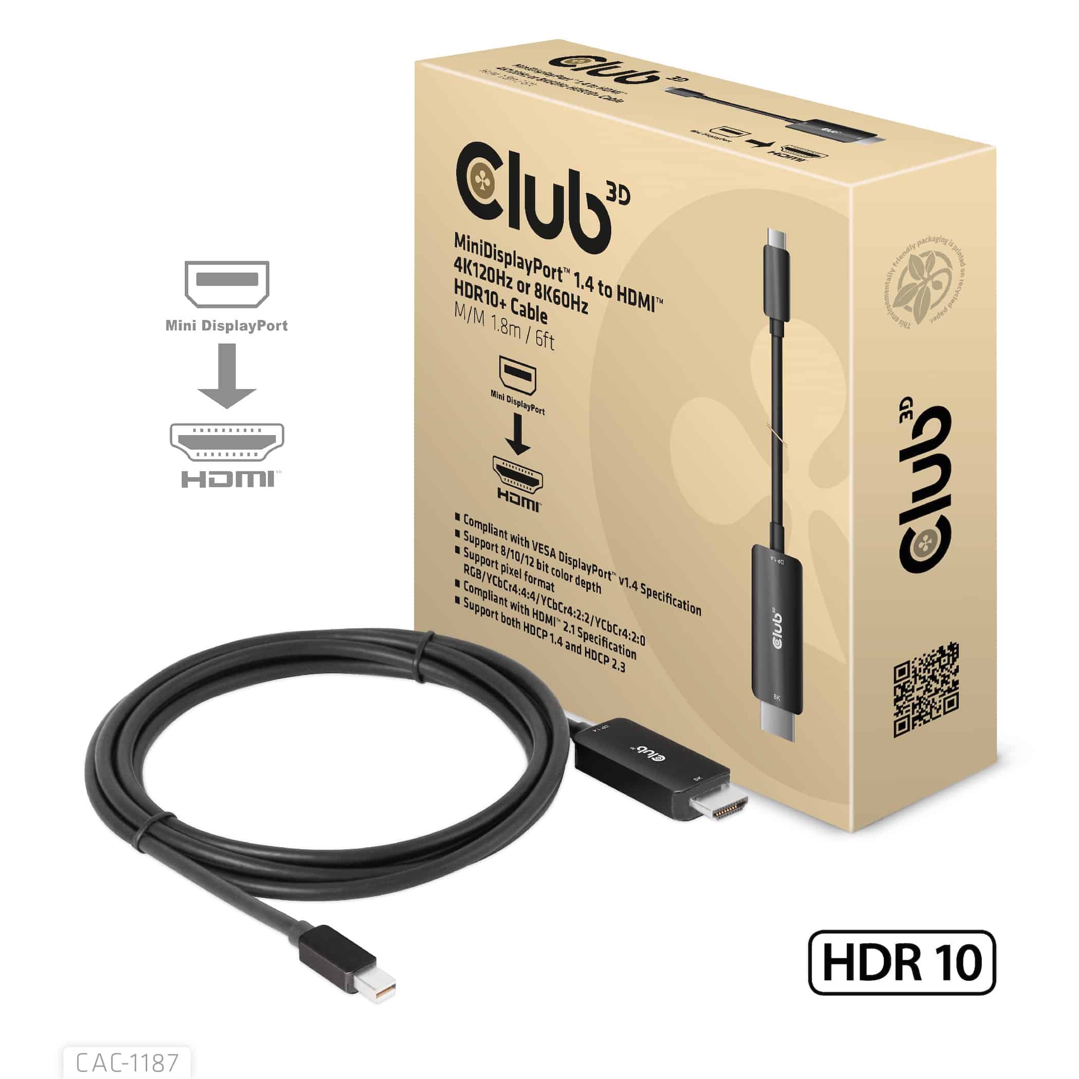 CLUB3D MiniDisplayPort 1.4 to HDMI 4K120Hz or 8K60Hz HDR10+ Cable M/M 1.8m / 6ft (CAC-1187) thumbnail