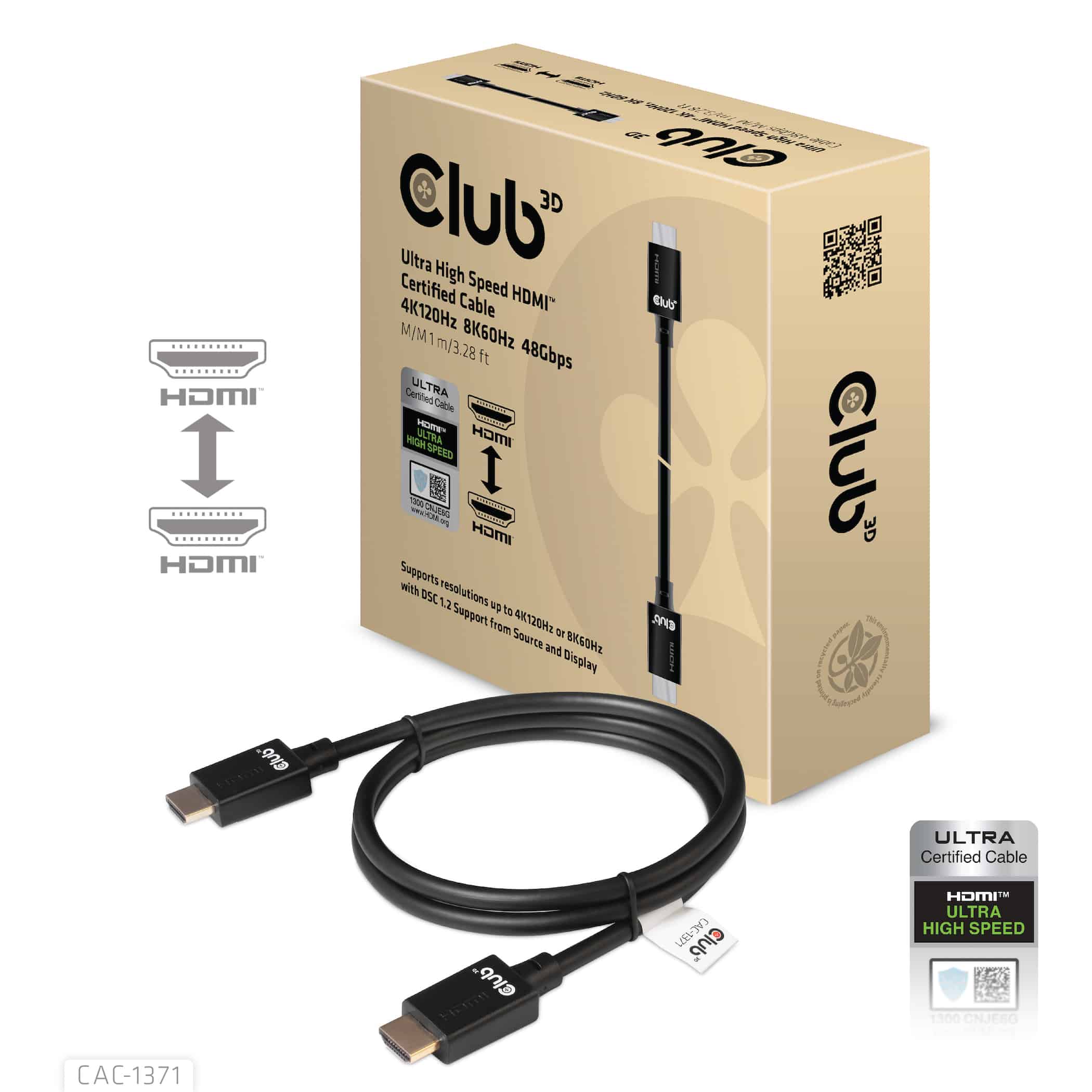 CLUB3D Ultra High Speed HDMI 4K120Hz, 8K60Hz Certified Cable 48Gbps M/M 1 m/3.28 ft 1Meter (CAC-1371) thumbnail