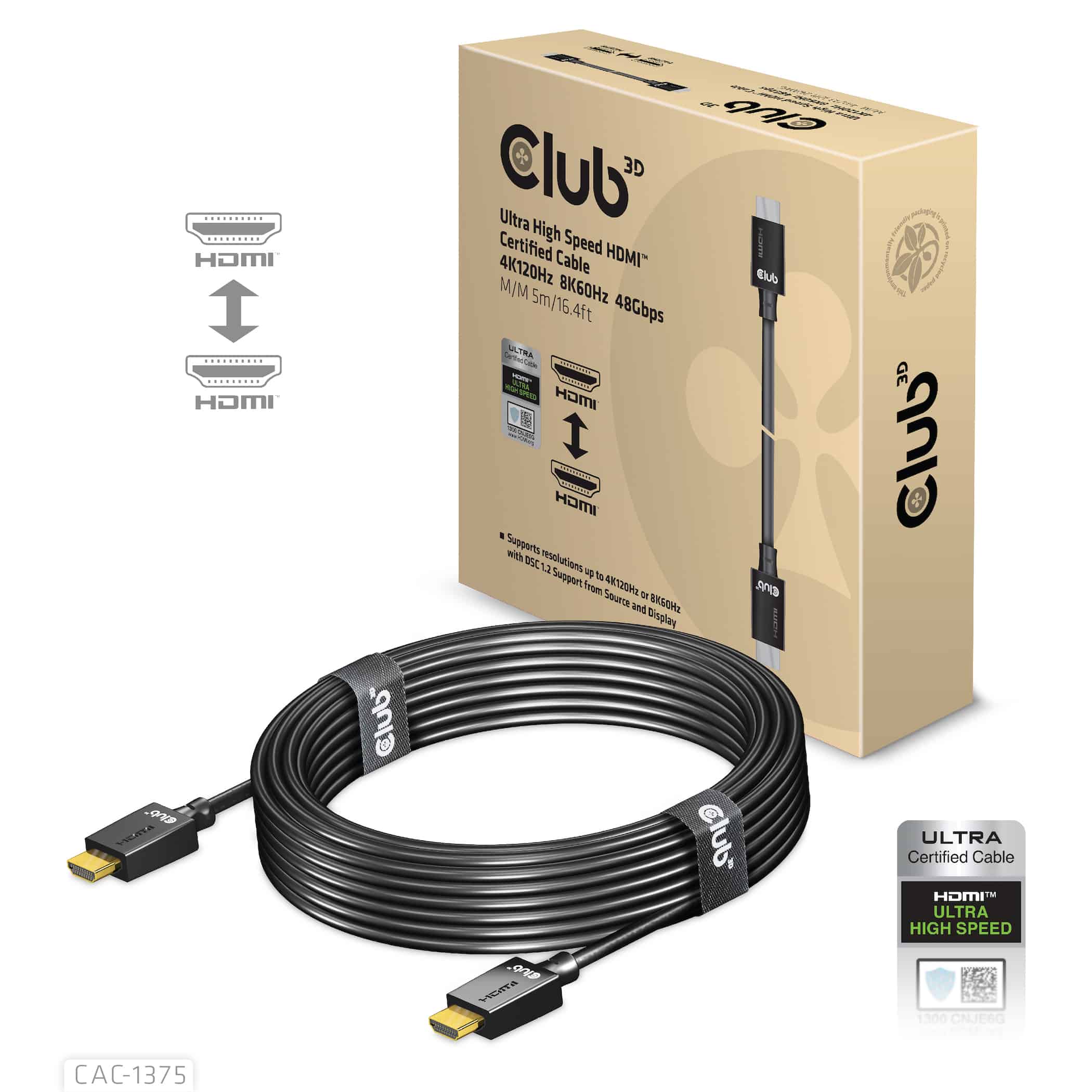 CLUB3D Ultra High Speed HDMI™2.1 gecertificeerde kabel 4K120Hz, 8K60Hz 48Gbps M/V 5 Meter (CAC-1375) thumbnail