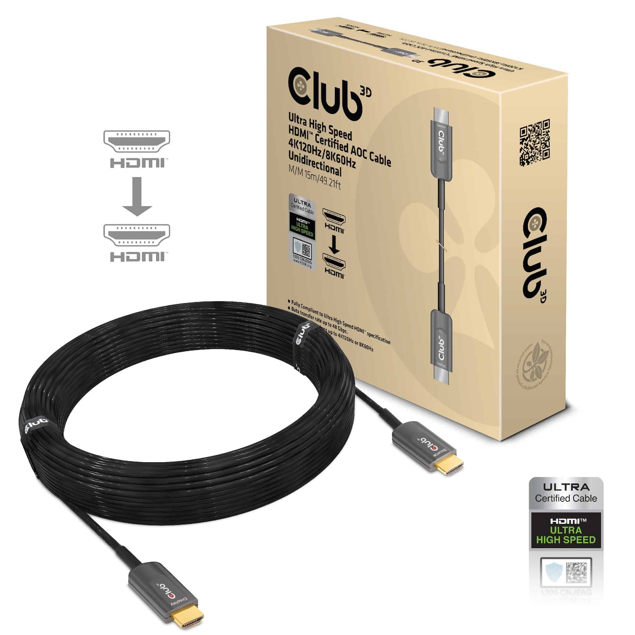 CLUB3D Ultra High Speed ??HDMI 2.1™ gecertificeerde AOC-kabel 4K120Hz/8K60Hz Unidirectioneel M/M 15m (CAC-1377) thumbnail CLUB3D Ultra High Speed ??HDMI 2.1™ gecertificeerde AOC-kabel 4K120Hz/8K60Hz Unidirectioneel M/M 15m (CAC-1377) thumbnail