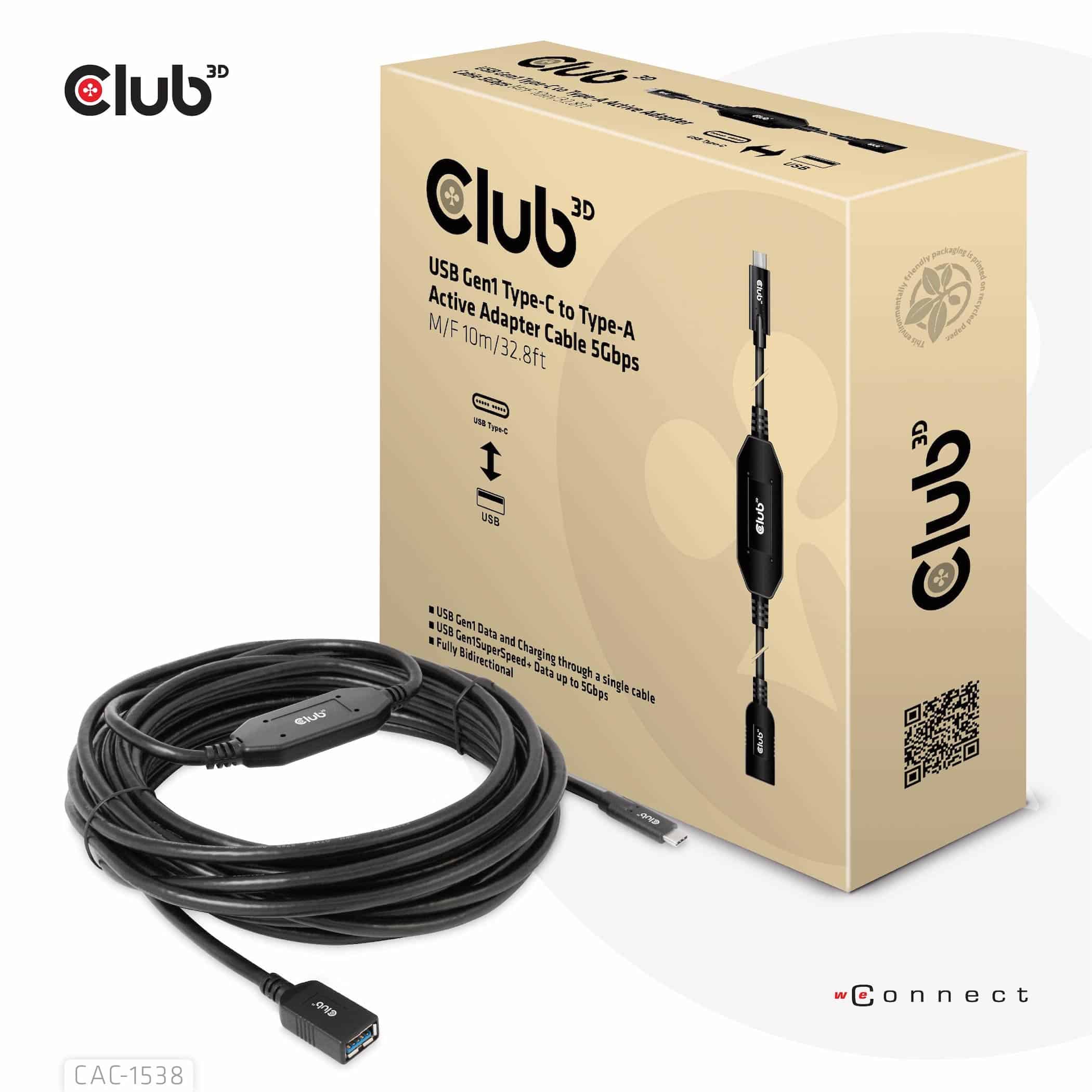 CLUB3D USB Gen1 Type-C to Type-A Active Adapter Cable 5Gbps M/F 10m/32.8ft (CAC-1538) thumbnail