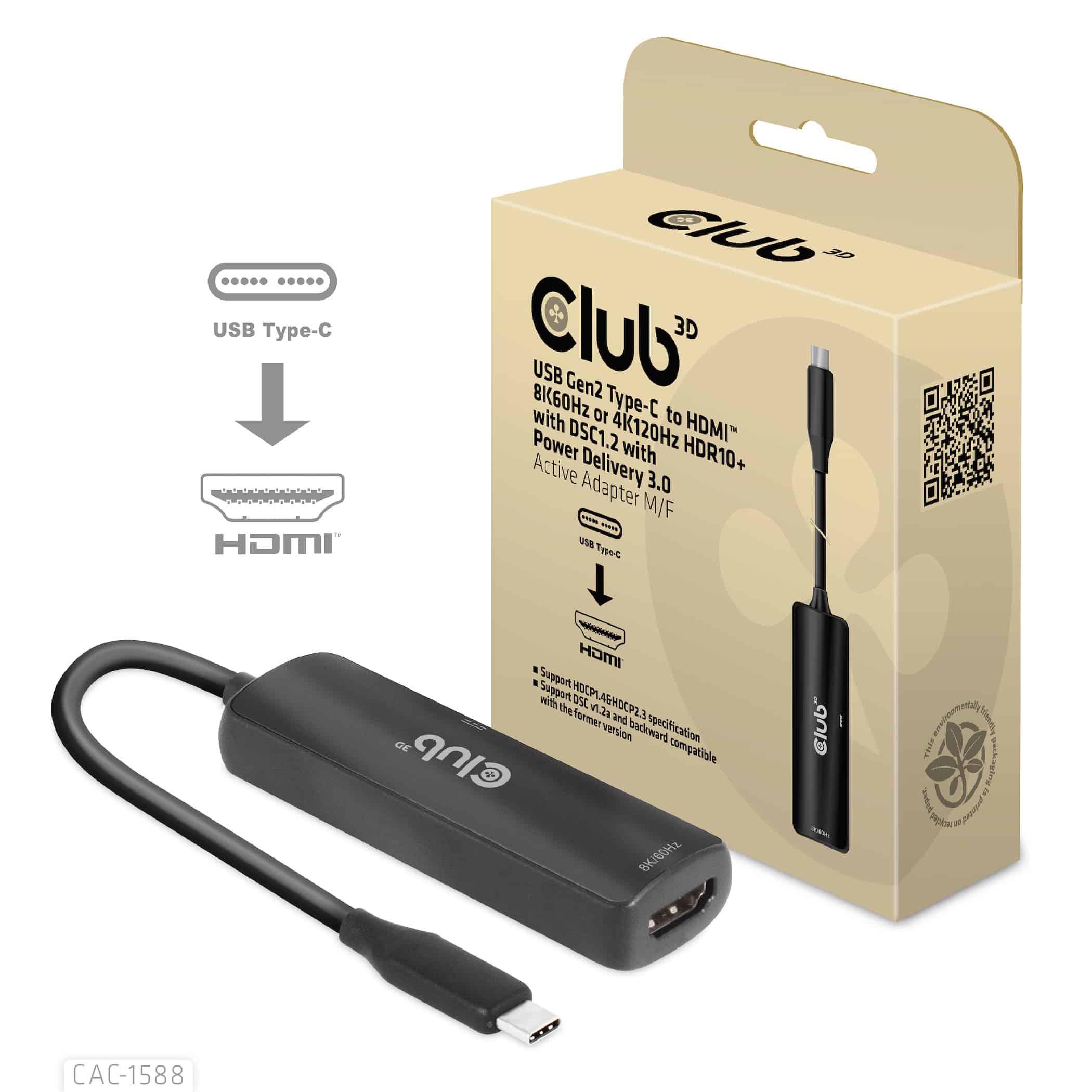 CLUB3D USB Gen2 Type-C to HDMI™ 8K60Hz or 4K120Hz HDR10+ with DSC1.2 with Power Delivery 3.0 Active Adapter M/F (CAC-1588) thumbnail CLUB3D USB Gen2 Type-C to HDMI™ 8K60Hz or 4K120Hz HDR10+ with DSC1.2 with Power Delivery 3.0 Active Adapter M/F (CAC-1588) thumbnail