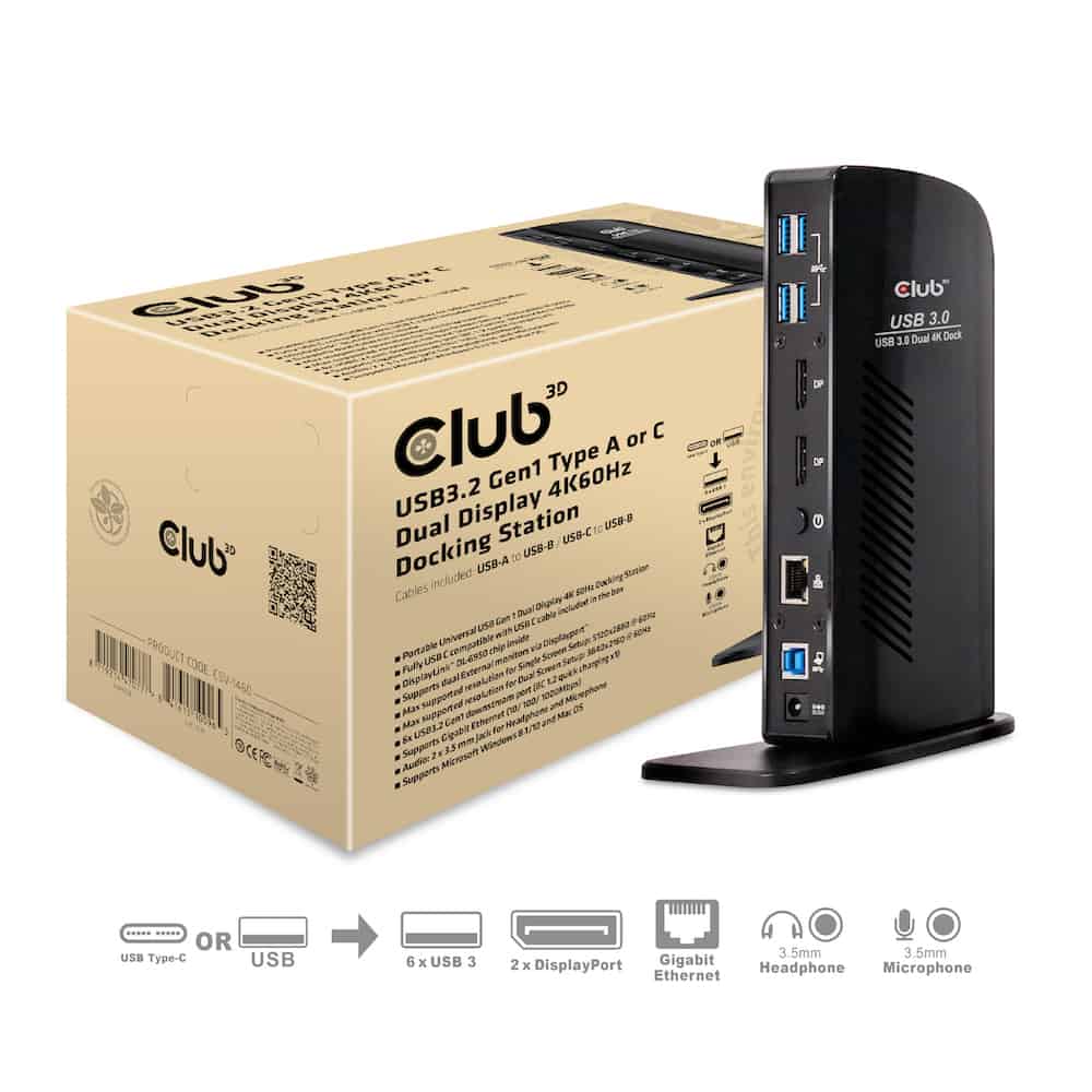 CLUB3D UNIVERSEEL Docking station USB3.2 Type A of C 2x Displayport 4K60Hz DisplayLink® gecertificeerd (CSV-1460) thumbnail CLUB3D UNIVERSEEL Docking station USB3.2 Type A of C 2x Displayport 4K60Hz DisplayLink® gecertificeerd (CSV-1460) thumbnail