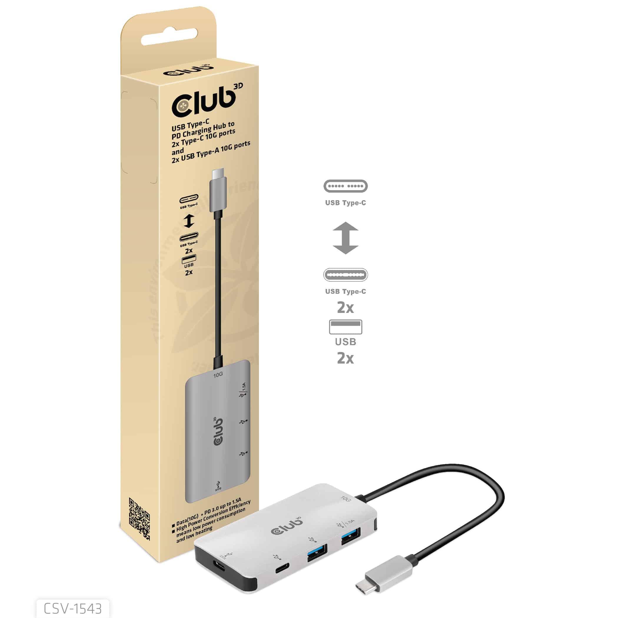 CLUB3D USB Gen2 Type-C Universele Hub naar 1x Type-C 10G ports 1x Type C data en 100 WATT opladen en 2x USB Type-A 10G ports (CSV-1543) thumbnail CLUB3D USB Gen2 Type-C Universele Hub naar 1x Type-C 10G ports 1x Type C data en 100 WATT opladen en 2x USB Type-A 10G ports (CSV-1543) thumbnail