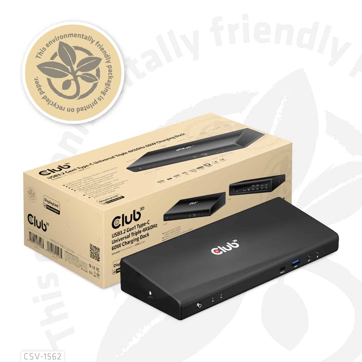 CLUB3D Type-C Universeel (2x 4K60Hz +1x 4K30Hz), oplaad Docking Station 60W DisplayLink® gecertificeerd en DP alt modus - kensington lock (CSV-1562) thumbnail