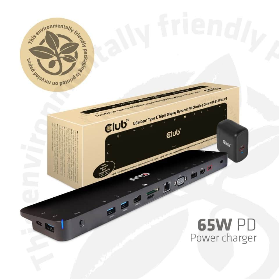 CLUB3D UNIVERSEEL USB Gen1 Type-C Triple Display Dockstation met 65 Watt voor het opladen van een lichte laptop * 1x VGA, 1x HDMI, 1x DP* ( DP ALT MODUS) (CSV-1564W65) thumbnail