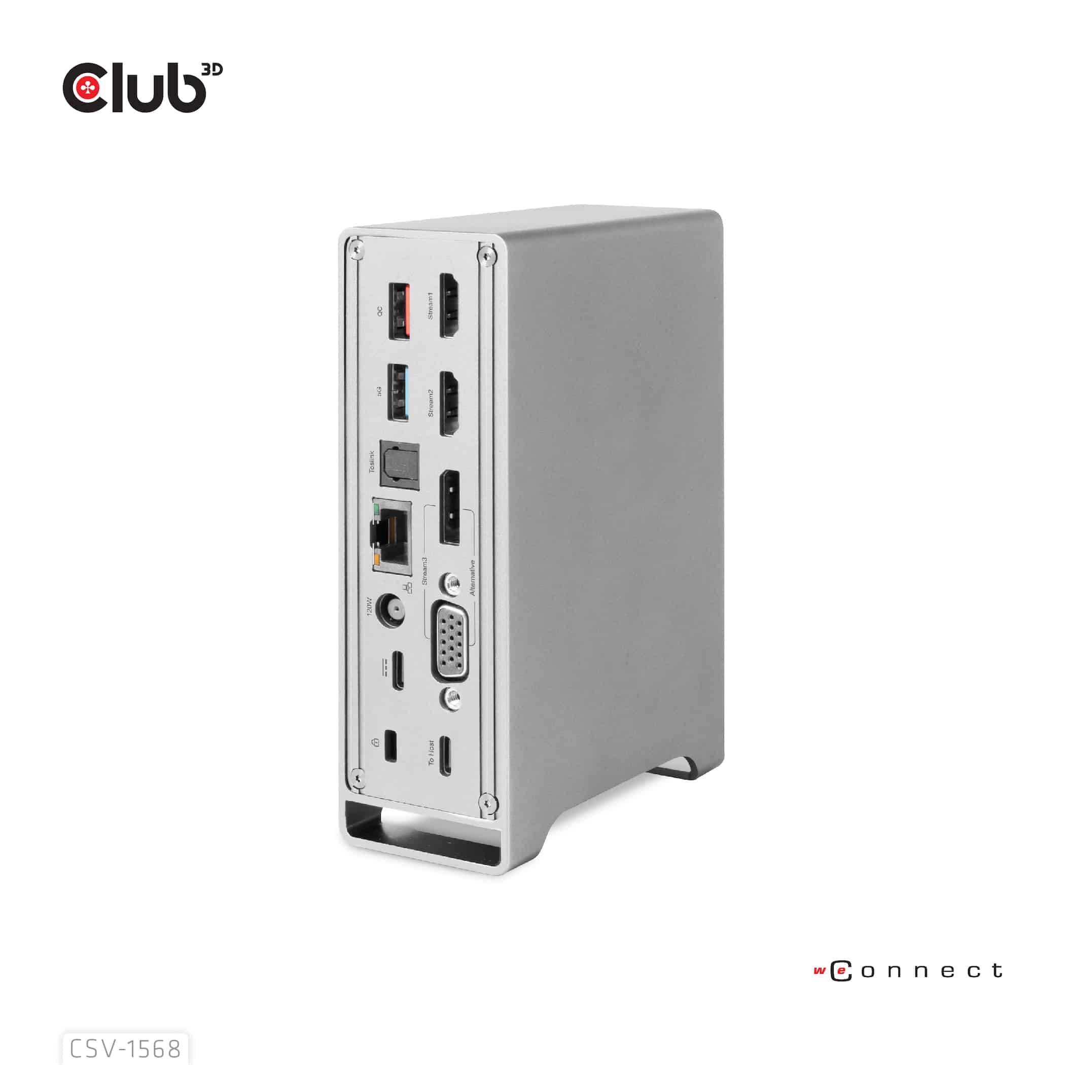 CLUB3D USB type C Universeel docking station 2x USB Gen2 Type-A 1x USB Gen1 Type-A 1x USB Type-A (ROOD) Smart Charging-poort 5V/2.4A Max. • 2x HDMI (DP Alt Mode) 1x DP (DP Alt Mode) 1x VGA 1x RJ45 max.120 Watt opladen (CSV-1568) thumbnail
