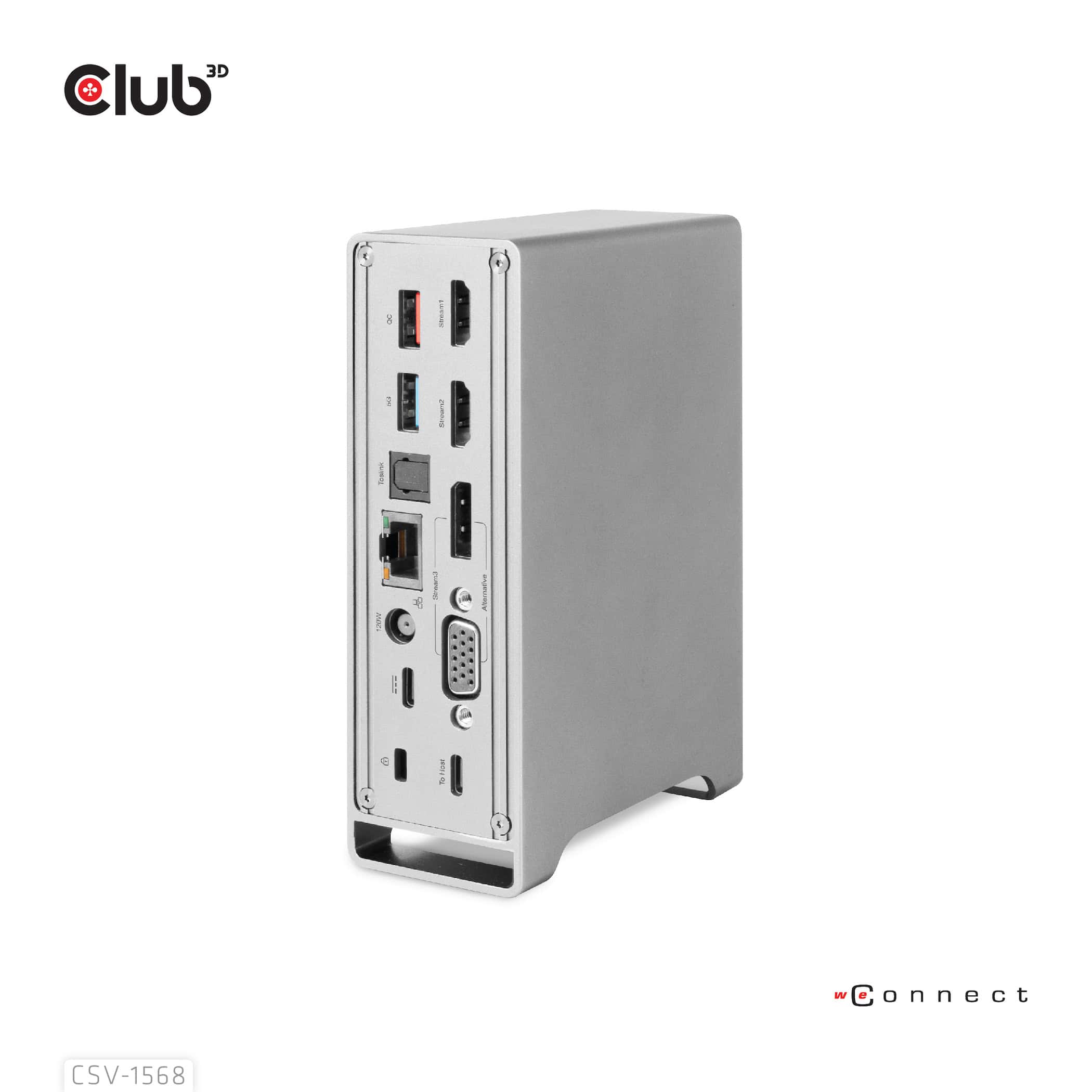 CLUB3D USB type C Universeel docking station 2x USB Gen2 Type-A 1x USB Gen1 Type-A 1x USB Type-A (ROOD) Smart Charging-poort 5V/2.4A Max. • 2x HDMI (DP Alt Mode) 1x DP (DP Alt Mode) 1x VGA 1x RJ45 max.120 Watt opladen (CSV-1568) thumbnail