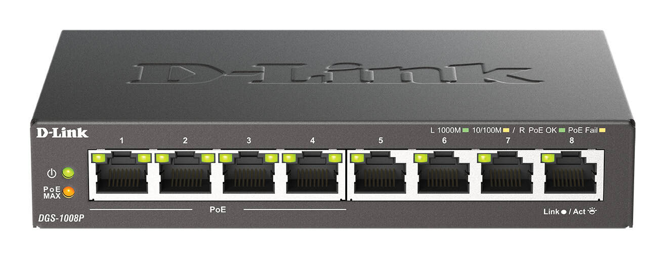 D-Link DGS-1008P/E netwerk-switch Unmanaged L2 Gigabit Ethernet (10/100/1000) Power over Ethernet (PoE) Desktop Zwart (DGS-1008P/E) thumbnail
