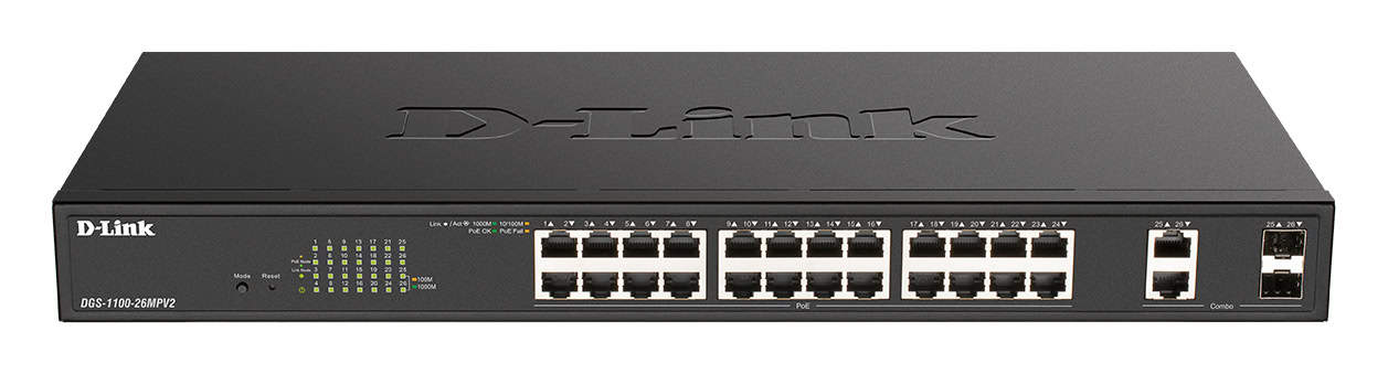 D-Link DGS-1100-26MPV2 netwerk-switch Managed L2 Gigabit Ethernet (10/100/1000) Power over Ethernet (PoE) Zwart (DGS-1100-26MPV2) thumbnail D-Link DGS-1100-26MPV2 netwerk-switch Managed L2 Gigabit Ethernet (10/100/1000) Power over Ethernet (PoE) Zwart (DGS-1100-26MPV2) thumbnail