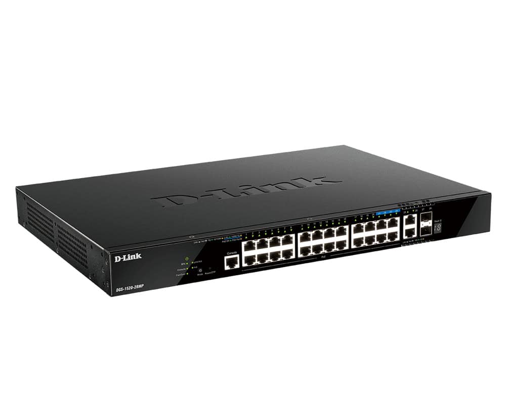 D-Link DGS-1520-28MP/E netwerk-switch Managed L3 Gigabit Ethernet (10/100/1000) Power over Ethernet (PoE) 1U Zwart (DGS-1520-28MP/E) thumbnail D-Link DGS-1520-28MP/E netwerk-switch Managed L3 Gigabit Ethernet (10/100/1000) Power over Ethernet (PoE) 1U Zwart (DGS-1520-28MP/E) thumbnail