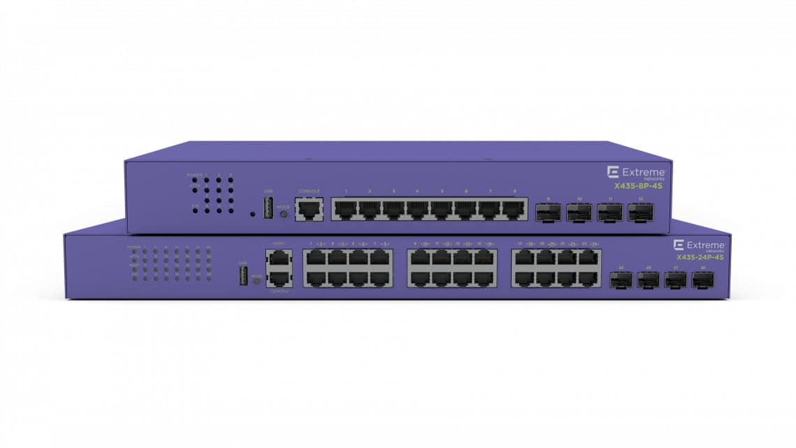 Extreme networks ExtremeSwitching X435 Managed Gigabit Ethernet (10/100/1000) Power over Ethernet (PoE) 1U Violet (X435-8P-4S) thumbnail Extreme networks ExtremeSwitching X435 Managed Gigabit Ethernet (10/100/1000) Power over Ethernet (PoE) 1U Violet (X435-8P-4S) thumbnail