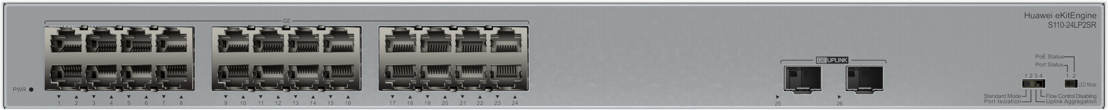 HUAWEI eKit S110 Series S110-24LP2SR Unmanaged L2 Gigabit Ethernet (10/100/1000) Power over Ethernet (PoE) 1U Grijs (98012198) thumbnail HUAWEI eKit S110 Series S110-24LP2SR Unmanaged L2 Gigabit Ethernet (10/100/1000) Power over Ethernet (PoE) 1U Grijs (98012198) thumbnail