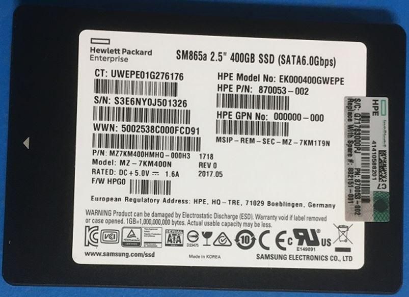 HP SPS-DRV SSD 400GB 6G SFF SATA WI-3 NHP (882151-001) thumbnail