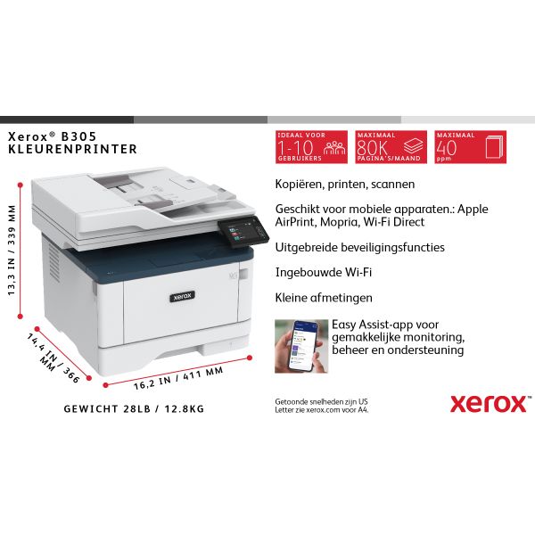 Xerox B305 A4 38 ppm draadloze dubbelzijdige printer PS3 PCL5e/6 2 laden totaal 350 vel (B305V_DNI)