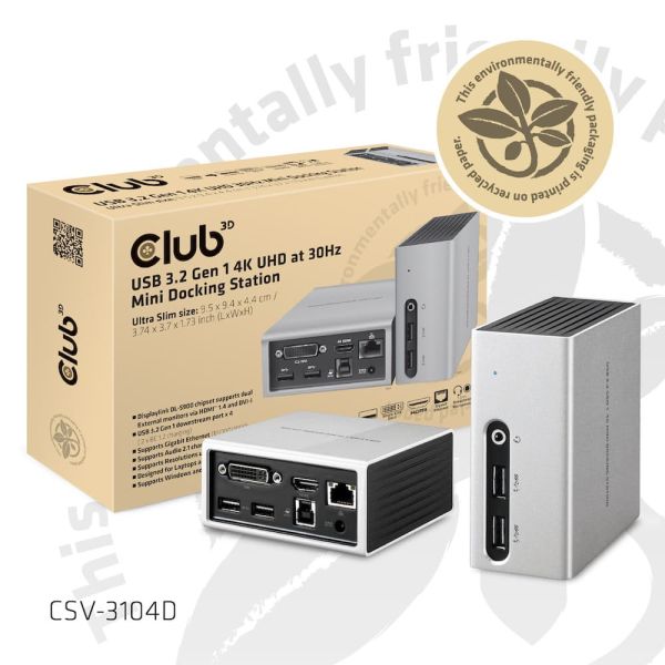 CLUB3D UNIVERSEEL Mini Displaylink gecertificeerd Docking Station USB A 3.2 Gen 1 4K30Hz 1x HDMI, 1x DVI, 4x USB Superspeed (CSV-3104D)