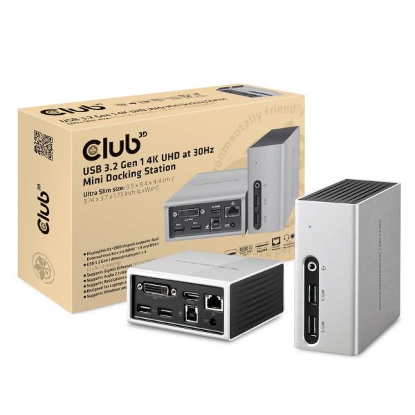CLUB3D UNIVERSEEL Mini Displaylink gecertificeerd Docking Station USB A 3.2 Gen 1 4K30Hz 1x HDMI, 1x DVI, 4x USB Superspeed (CSV-3104D)