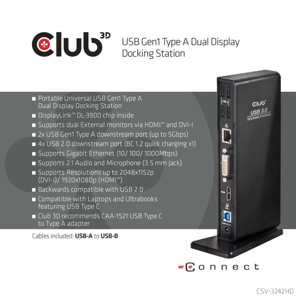 CLUB3D UNIVERSEEL USB 3.0 Type A 1x HDMI 1x DVI ,UTP aansluitingen DisplayLink™ gecertificeerd Docking Station (CSV-3242HD) CLUB3D UNIVERSEEL USB 3.0 Type A 1x HDMI 1x DVI ,UTP aansluitingen DisplayLink™ gecertificeerd Docking Station (CSV-3242HD)