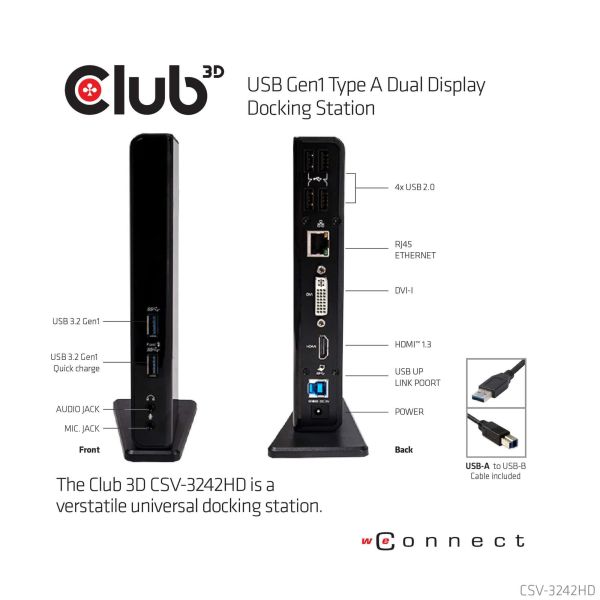 CLUB3D UNIVERSEEL USB 3.0 Type A 1x HDMI 1x DVI ,UTP aansluitingen DisplayLink™ gecertificeerd Docking Station (CSV-3242HD) CLUB3D UNIVERSEEL USB 3.0 Type A 1x HDMI 1x DVI ,UTP aansluitingen DisplayLink™ gecertificeerd Docking Station (CSV-3242HD)