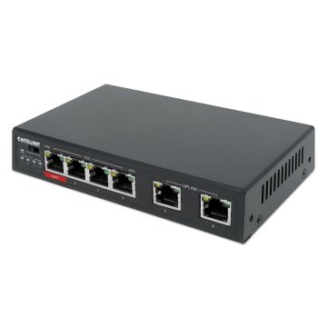 Intellinet 6-poorts Fast Ethernet PoE-netwerk switch, 4x PoE (1x high-power), PoE-budget 65 W, VLANen Extend-modus, 2x uplinkpoorten, geschikt voor bewakingsnetwerken, 3 jaar garantie (561686) thumbnail