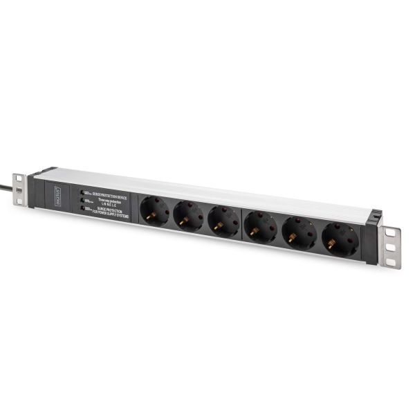 Digitus Geaarde stekkerdoos met aluminiumprofiel en overspanningsbeveiliging, geïntegreerd netfilter, 6-voudige geaarde contactdoos, 2 m voedingskabel met randaardestekker (DN-95432)