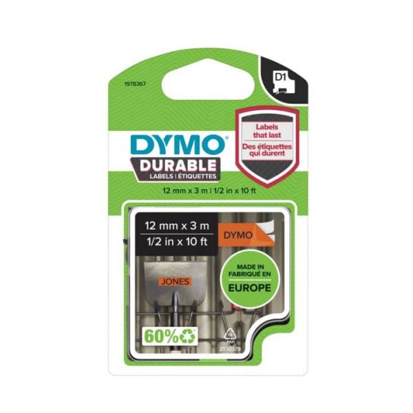 DYMO D1 -Durable Labels - Black on Orange - 12mm x 3m (1978367)