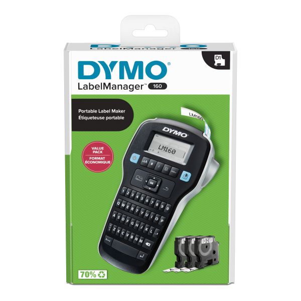 DYMO LabelManager 160 Labelmaker startpakket | Handheld Labelprinter | met 3 rollen D1 etiketten QWERTY-toetsenbord | Ideaal voor kantoor of thuis (2181011)