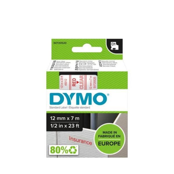 DYMO D1 -Standard Labels - Red on Transparent - 12mm x 7m (S0720520)