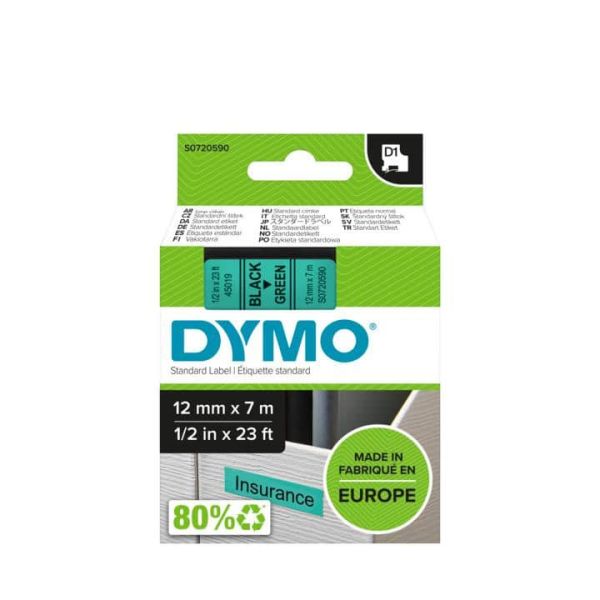 DYMO D1 -Standard Labels - Black on Green - 12mm x 7m (S0720590)