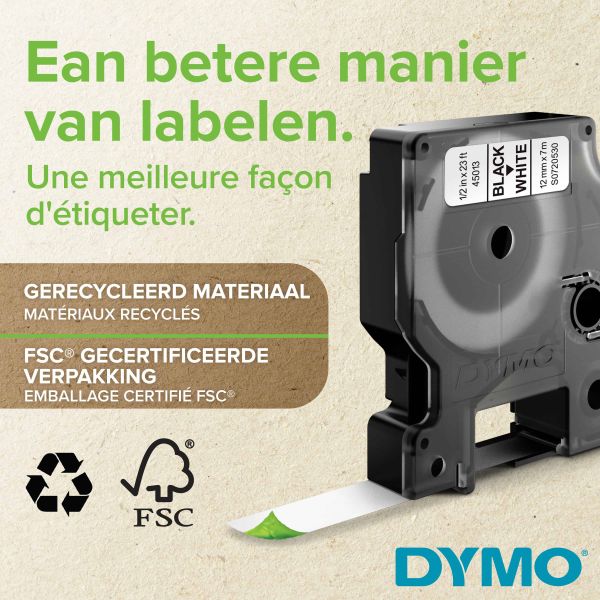 DYMO originele D1 labels | Witte Tekst op Zwart Label | 12 mm x 7 m | zelfklevende etiketten voor de LabelManager labelprinter (S0720610)