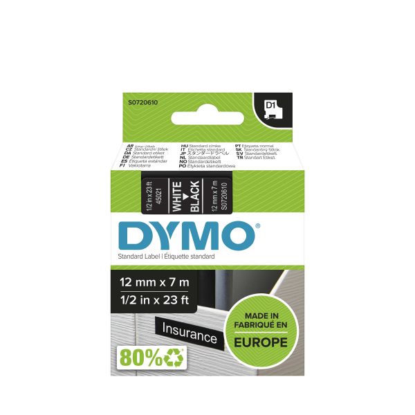 DYMO D1 -Standard Labels - White on Black - 12mm x 7m (S0720610)