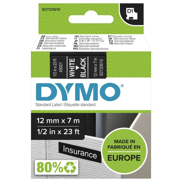 DYMO originele D1 labels | Witte Tekst op Zwart Label | 12 mm x 7 m | zelfklevende etiketten voor de LabelManager labelprinter (S0720610)