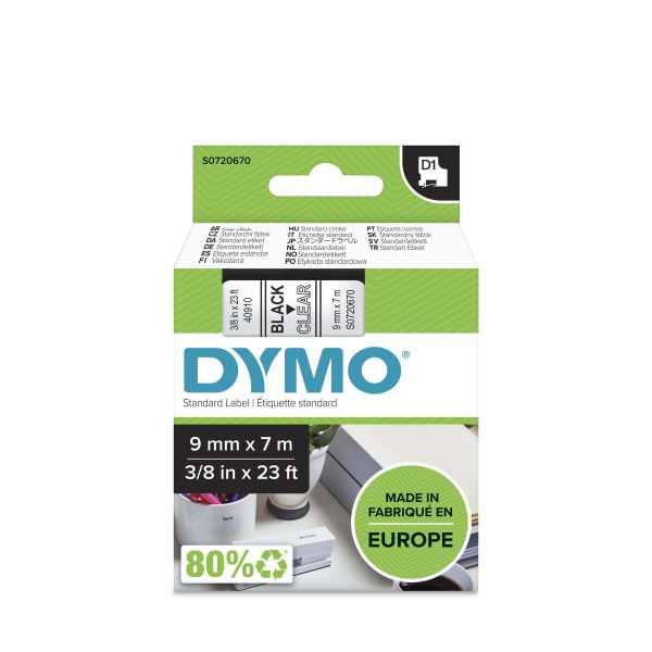 DYMO D1 -Standard Labels - Black on Transparent - 9mm x 7m (S0720670)