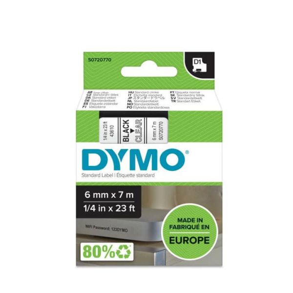 DYMO D1 -Standard Labels - Black on Transparent - 6mm x 7m (S0720770)