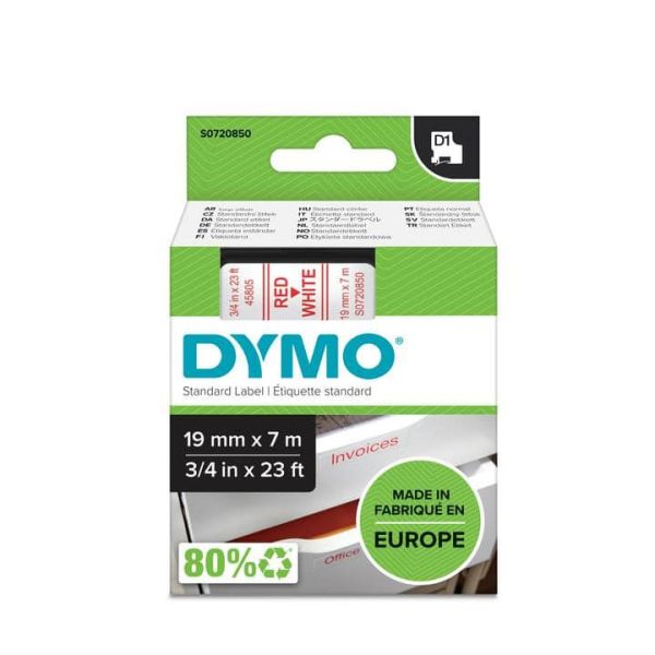 DYMO D1 -Standard Labels - Red on White - 19mm x 7m (S0720850)